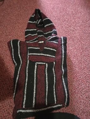 Striped Hooded Baja Poncho in Black and Burgundy